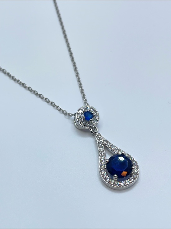 Unsigned Jewelry - Silver Blue Crystal Glass Halo Teardrop Pendant Necklace Glam